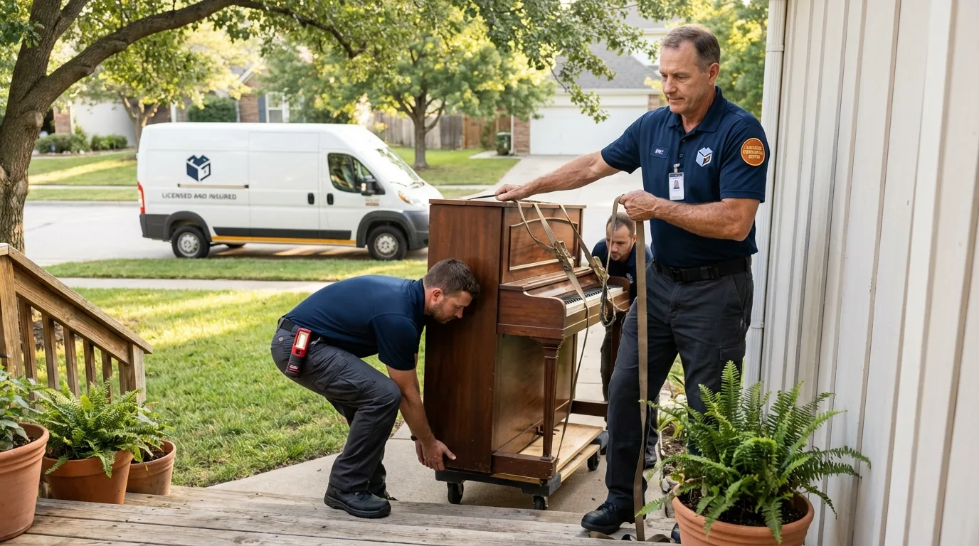 Licensed piano movers securing grand piano in Sterling, AK