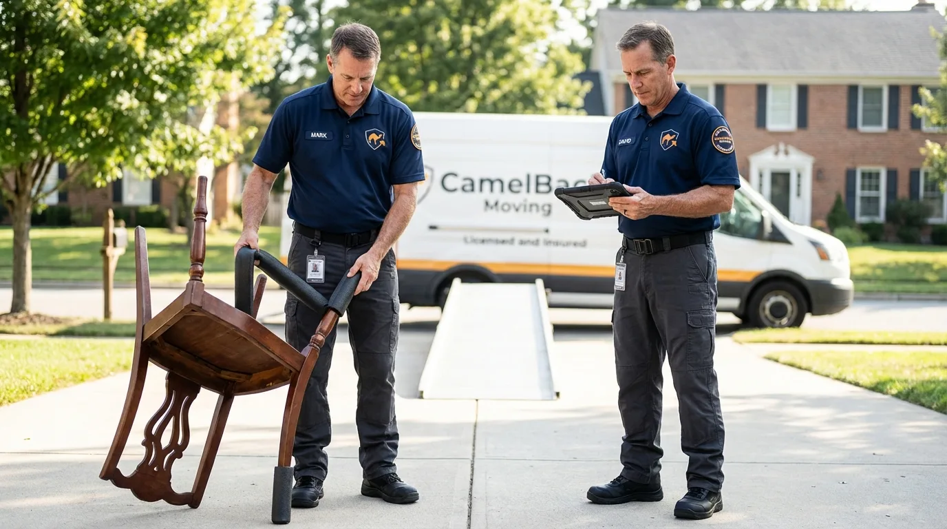 Movers inspecting furniture for damage prevention before loading in Sterling, AK