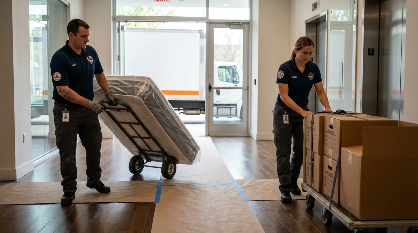 Professional apartment movers loading elevator in Sterling, AK